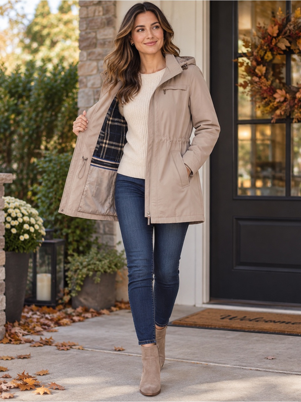 London Fog Beige Hooded Anorak Jacket - Women's Plaid Lined Winter Warm Comfy